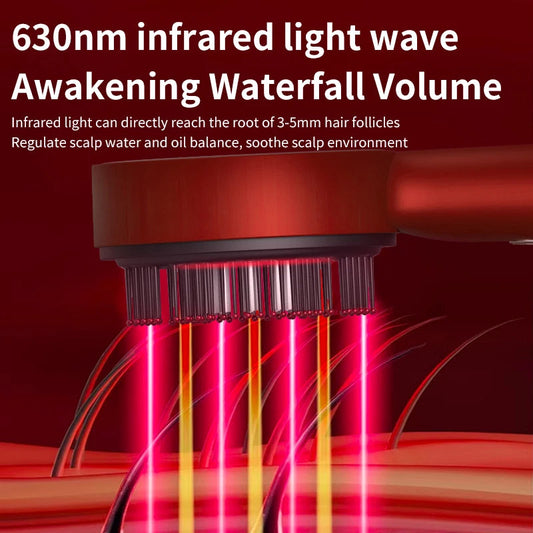 Electric hair regrowth brush with 630nm infrared light wave for healthier hair growth and scalp treatment.