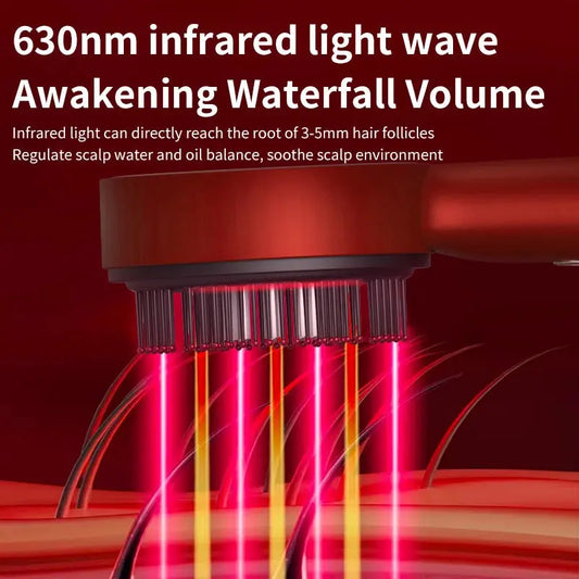 Electric hair regrowth brush with 630nm infrared light wave for healthier hair growth and scalp treatment.
