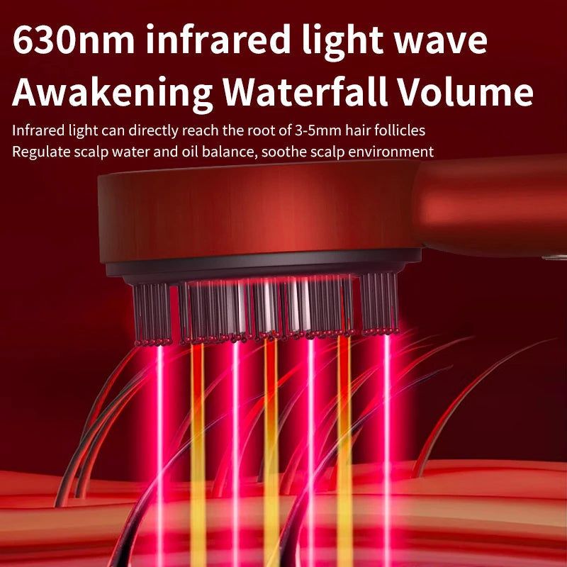Electric hair regrowth brush with 630nm infrared light wave for healthier hair growth and scalp treatment.