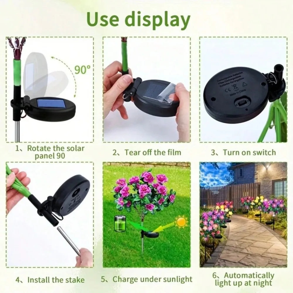 1PC Solar Powered Red Azalea Flower Stake Lights Waterproof LED Floral Garden Lights for Outdoor Patio Yard Pathway Decor